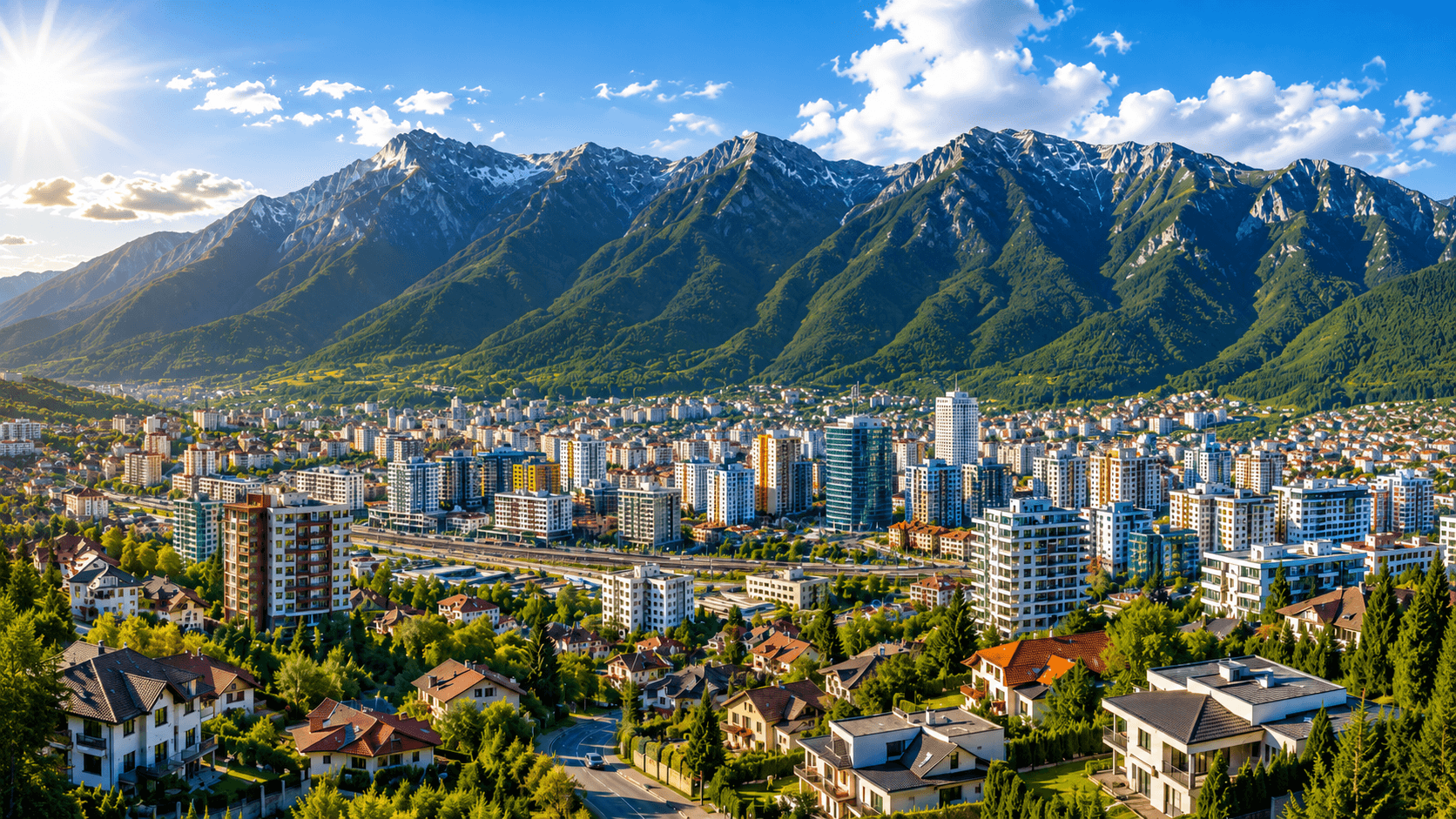 Panoramă luminoasă cu Brașov, munți și zone rezidențiale